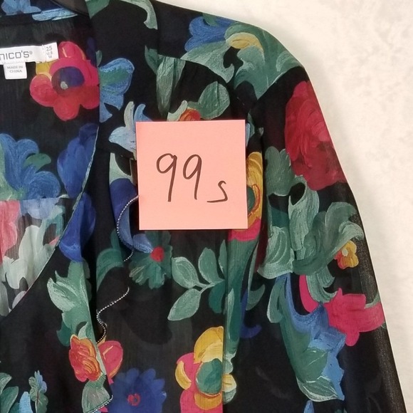 Chicos Floral Ruffle Chiffon Blouse Black Multi Color Smocked Cuff Size 2.5 14 - Picture 7 of 7